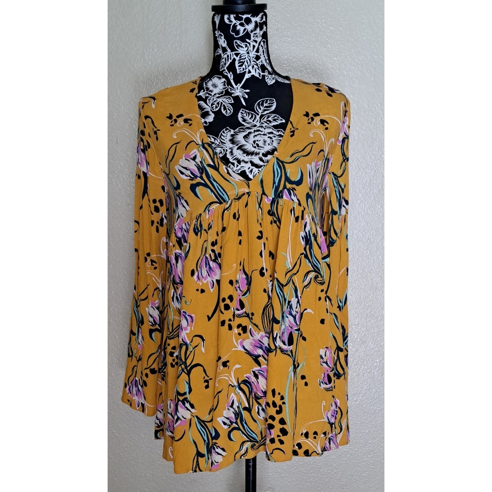 Free People Bella Printed Tunic Top V Neck Yellow